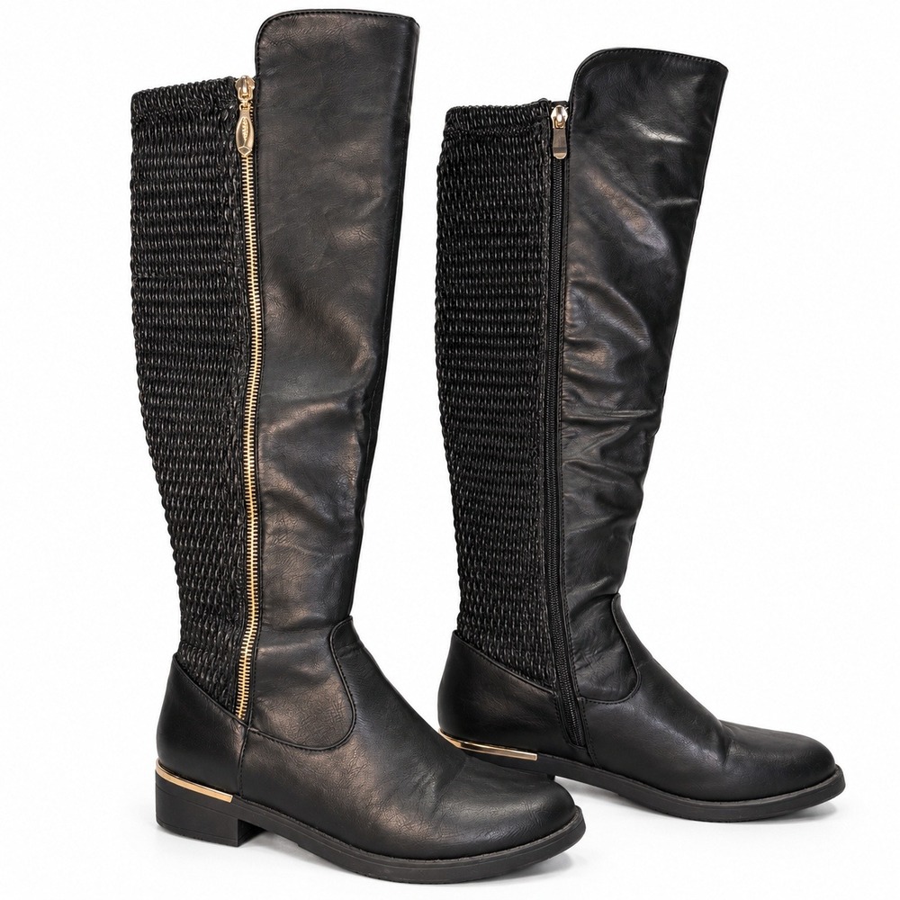 Top Moda Knee High Boots 6 Black NWOT Mixed Media Gold Zip Moto Chic Womens